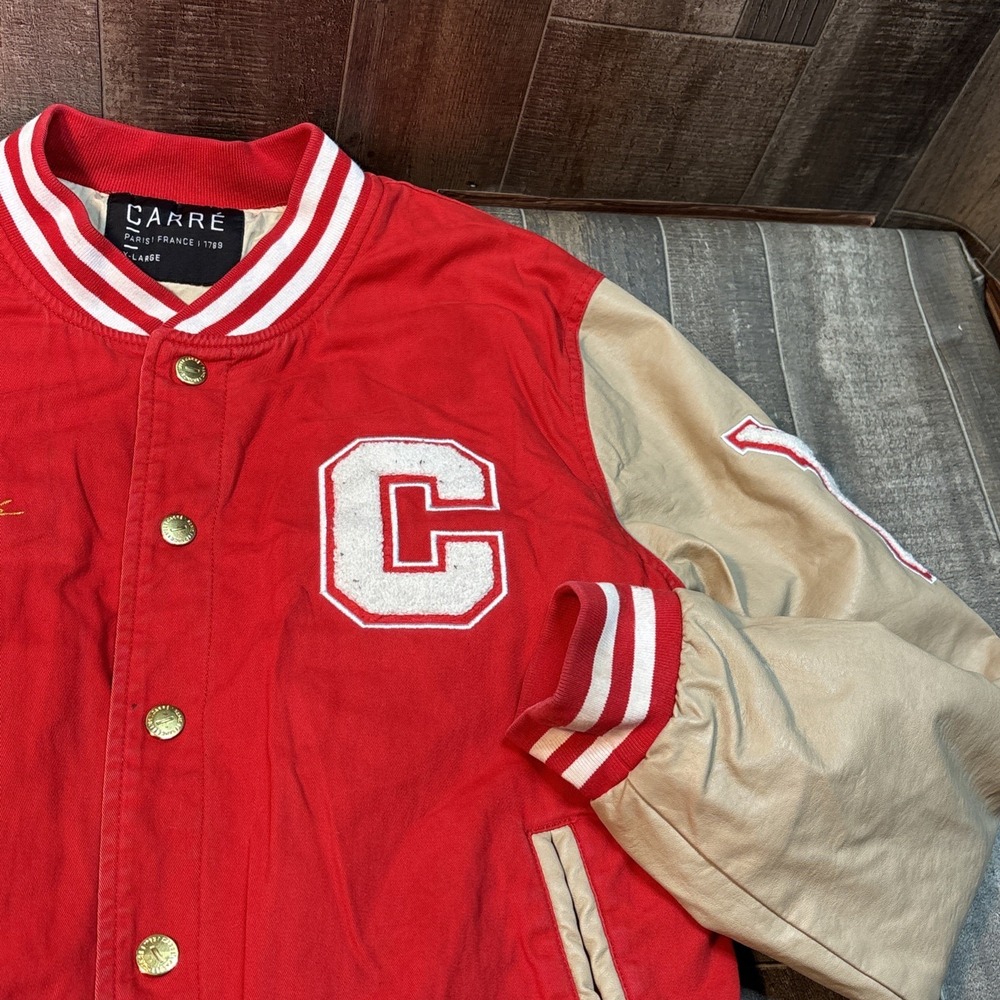 Carré Men's Varsity Jacket Size‎ XL Red Tan Letterman Style France Streetwear